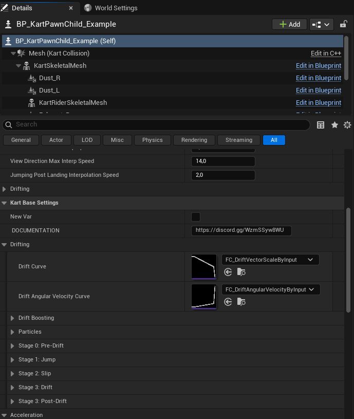 The kart's settings in the Unreal details panel: drift curves and drift categories