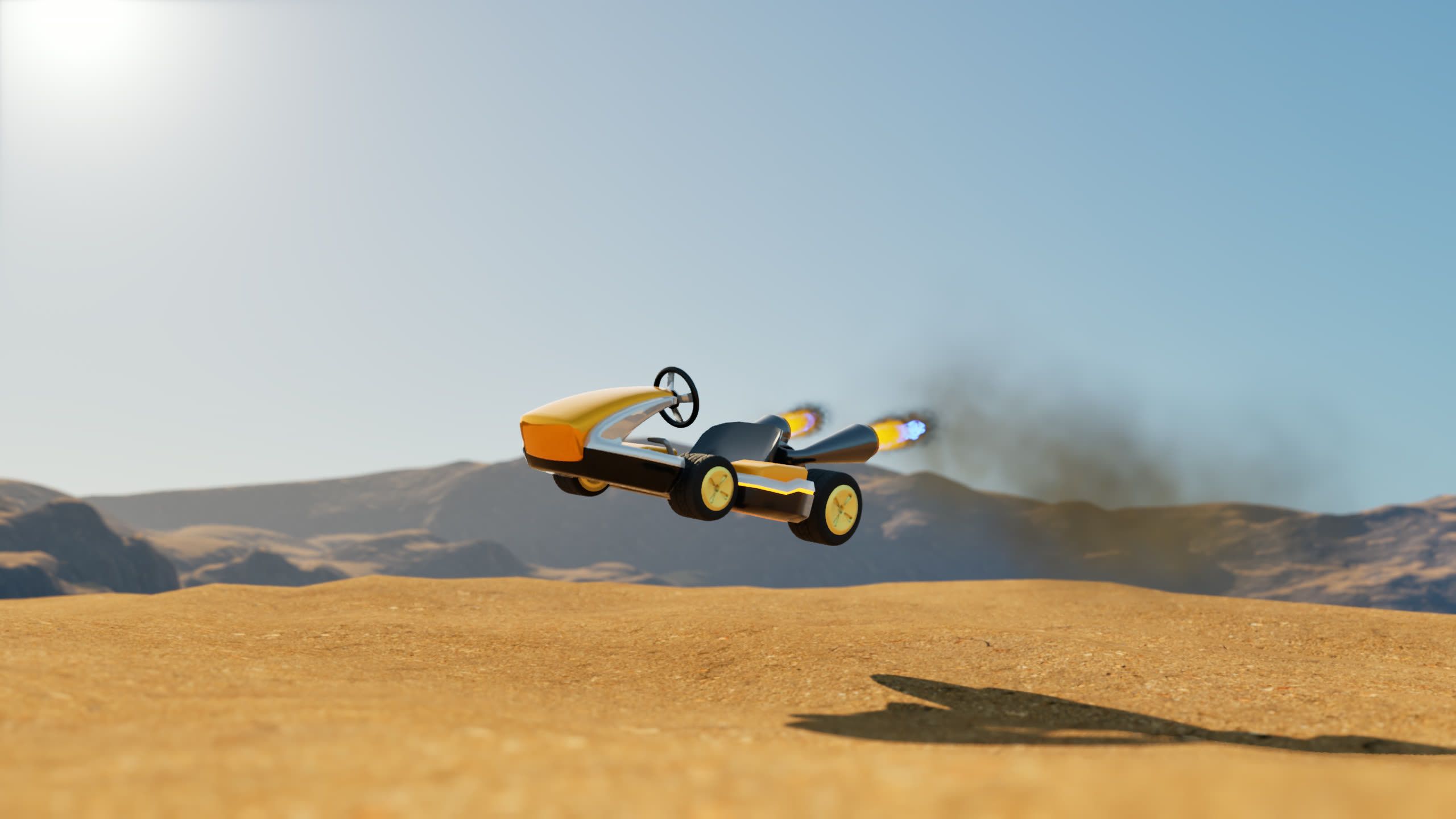 A kart in mid-air above desert sand, boost flames glowing