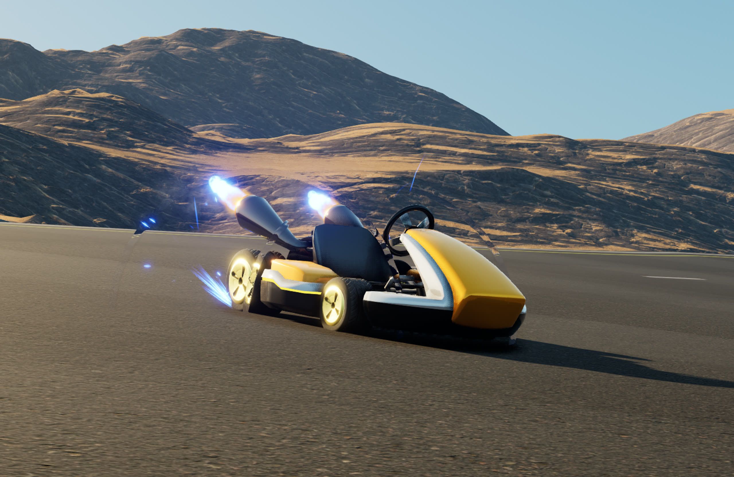 The included kart boosting with blue exhaust flames